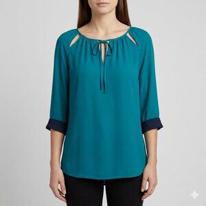 T Tahari "Maya" Teal Keyhole Blouse - Shoulder Cutouts - Navy Cuffs - Size L